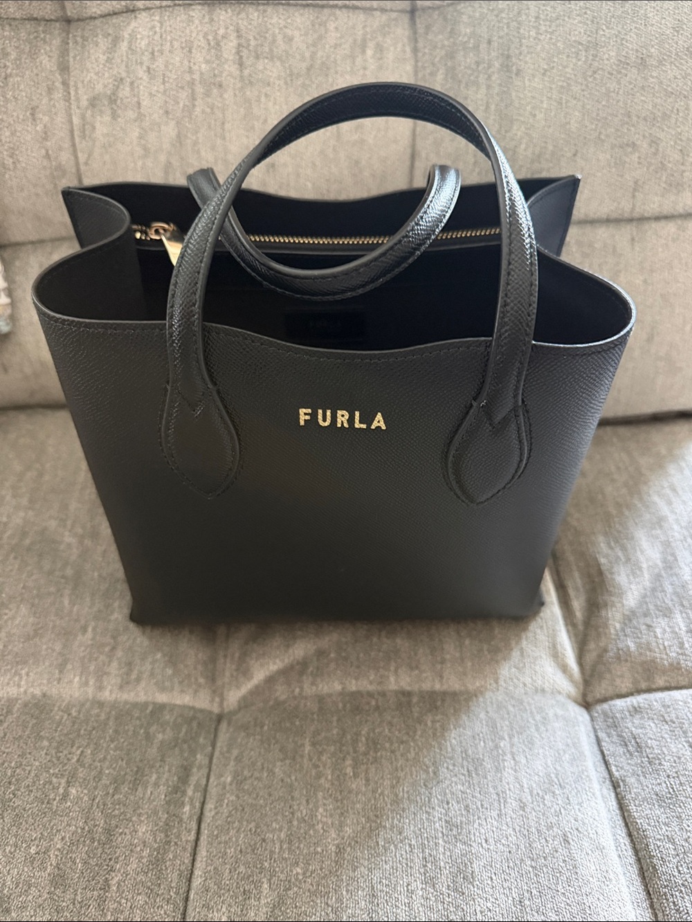 Furla Black Saffiano Tote with Gold Logo